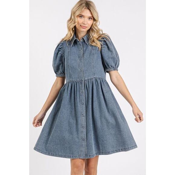 Mittoshop Button Down Short Puff Sleeves Side Pockets Denim Shirt Mini Dress - Picture 2 of 6